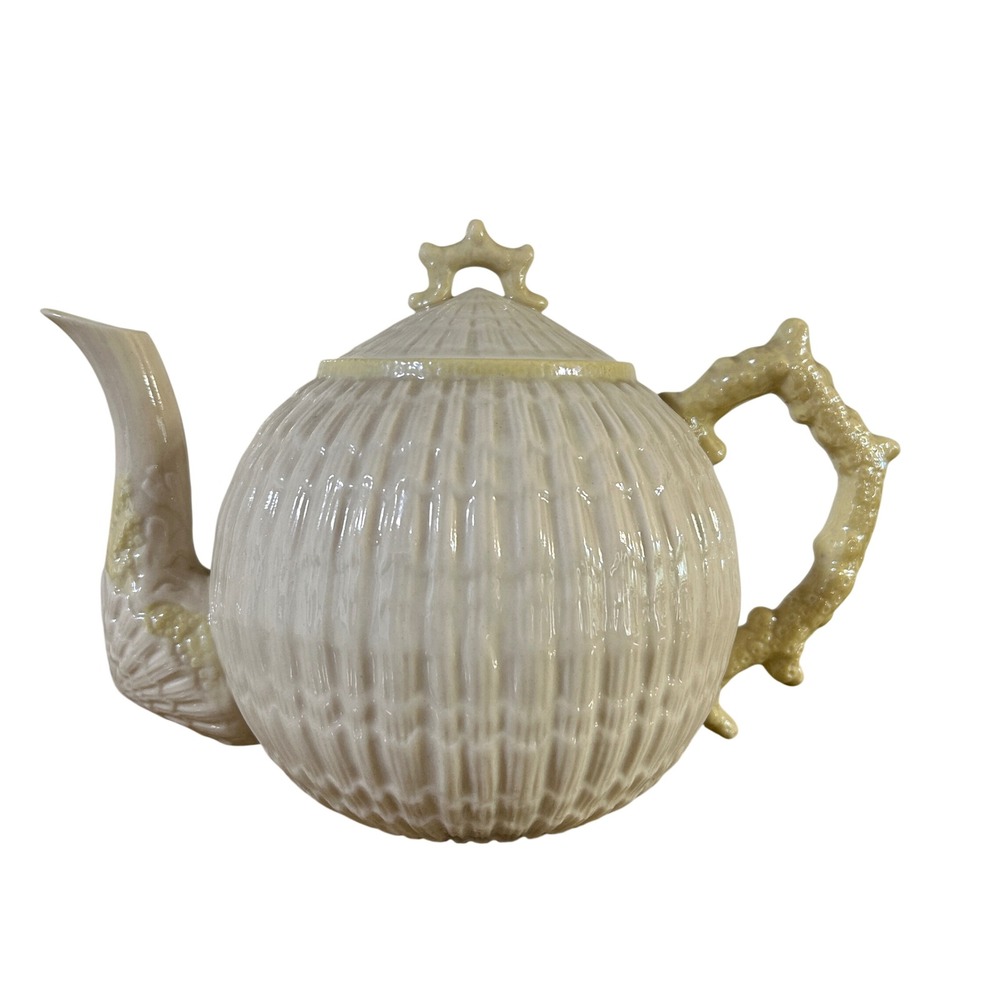 Vintage Belleek Limpet Teapot Irish Parian China Shell Coral Handle Yellow Luste